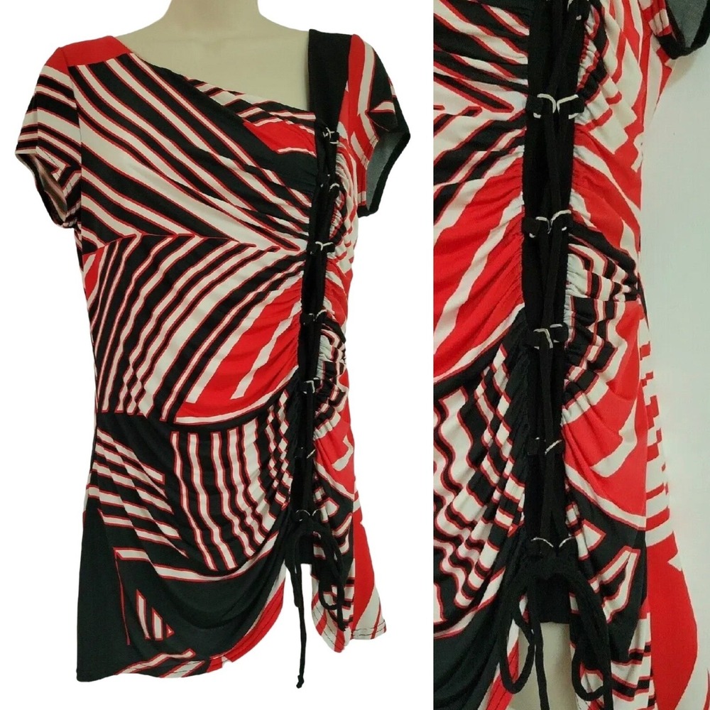 Joseph Ribkoff Black Red Ruched Tie Front Cap Sleeve Top Asymm Artsy Y2K 90's 10